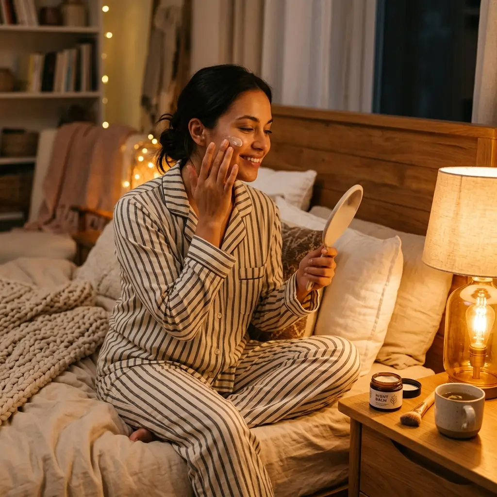 Nighttime skincare routine with CeraVe Skin Renewing Night Cream — woman applying cream at vanity