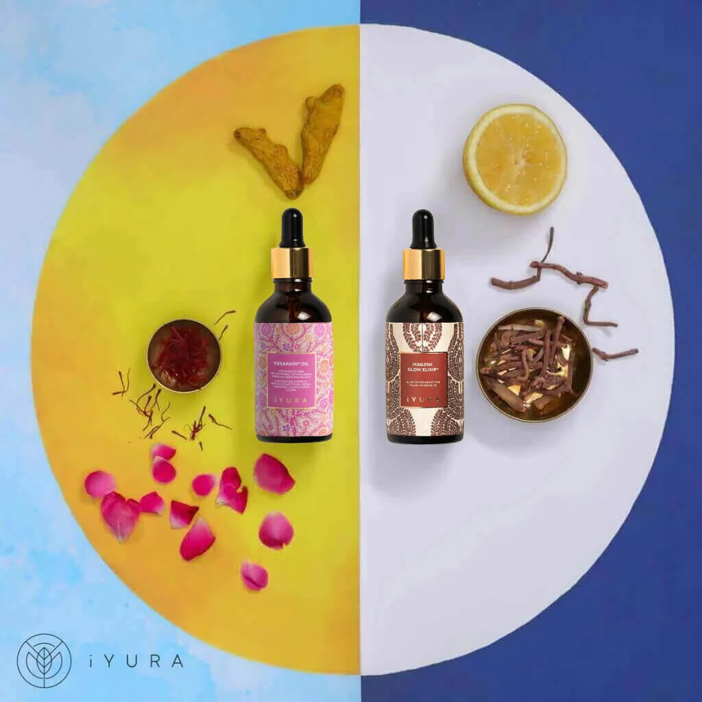 iYURA Day and Night Face Oil Duo - Kesaradi Oil and Manjish Glow Elixir Ayurvedic skincare set